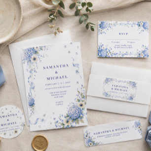 Convites Casamento Clássico Floral Porcelana Azul