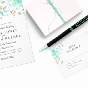 Convite para Casamento de Casa Floral Dourada Mint