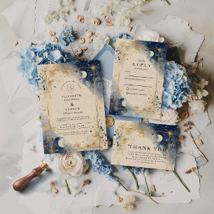 Cartão RSVP Casamento Noturno Celestial Dourado