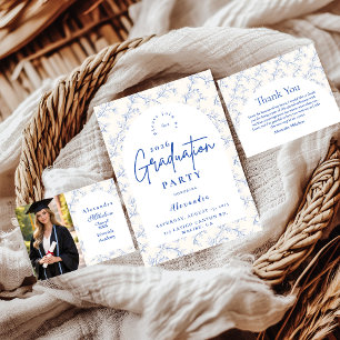 Cartão De Agradecimento Festa de Formatura Azul Porcelana Clássica Vintage