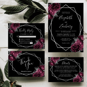 Cartão De Informações Detalhes do Casamento Preto do Quadro de Prata Flo