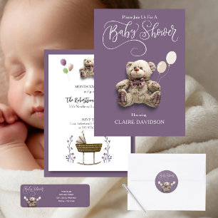 Adesivo Urso Bebê Fofo com Balões Roxo Branco 