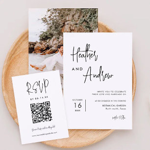 Cartão RSVP Código QR de Casamento Minimalista de Caligrafia