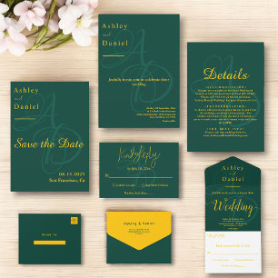 Convites Casamento Mínimo Verde E Dourado De Monograma Deli
