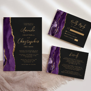 Cartão RSVP Casamento de Script Moderno de Agate Dourado Roxo