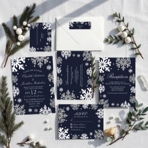 Convites Flocos de Neve Azuis Marinho Casamento de Inverno