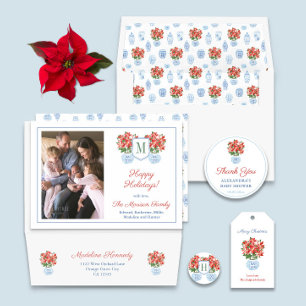 Cartão De Festividades Natal da Família Chinoiserie Chic Poinsettia