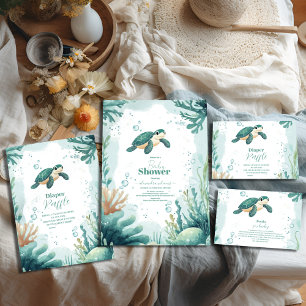 Cartão De Informações Chá de fraldas Sea Turtle Watercolor Books para Be