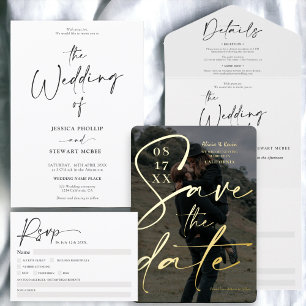 Convites Simples e elegante script branco rsvp casamento