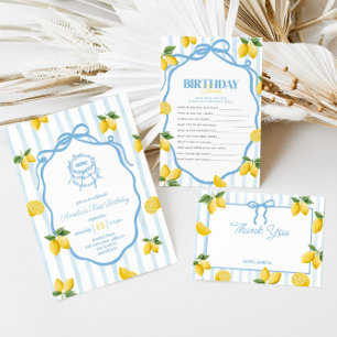 Convites Girls Blue Lemon Amalfi Watercolor primeiro aniver