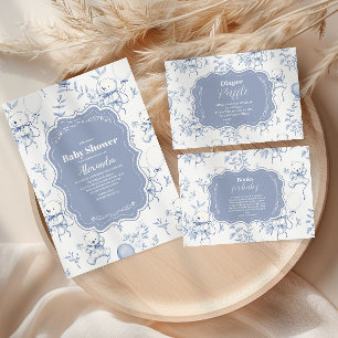 Cartão De Informações Toile De Jouy Bear Diapper Raffle Chá de fraldas