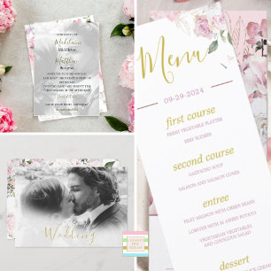 Convites Foto: Casamento branco rosa Dourado floral x 2  