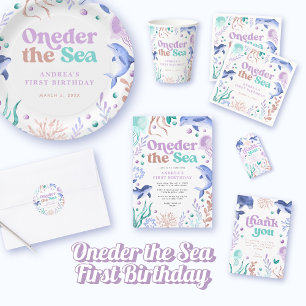 Adesivo Quadrado Modern Oneder the Sea Dolphin Retro First Birday
