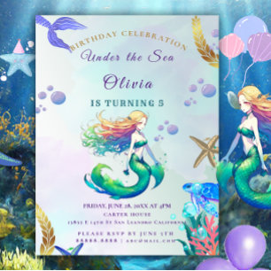 Convite Aniversário da Sereia Roxa e Dourada sob o Mar