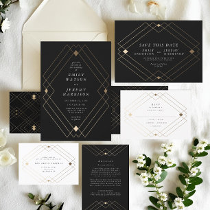 Convites Casamento Geométrico Deco Gatsby Dourado Negro Dia