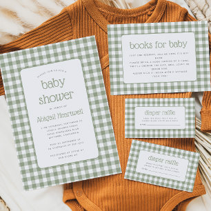 Convites Sage Green Gingham Check Chá de fraldas