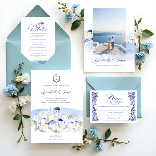 Cartão De Informações Detalhes do Casamento com Aquarela da Grécia Santo