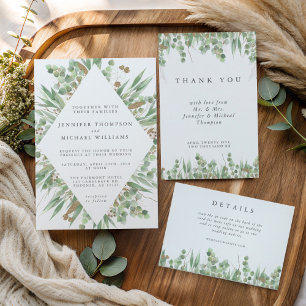 Convites Eucalipto Verde Água e Casamento Dourado