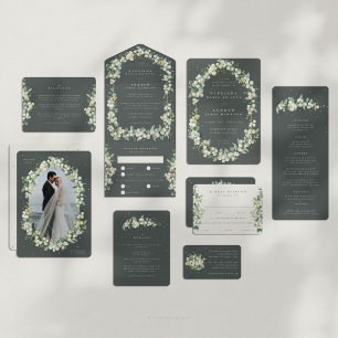 Convites Casamento Elegante Cinza Verde Snowberry+Eucalipto
