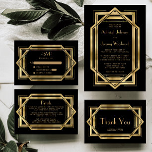 Convite de casamento preto dourado Deco Vintage do