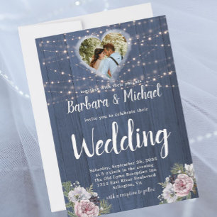 Convites Foto De Casamento Floral De Luzes De Madeira Rústi