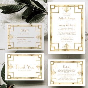 Cartão De Informações Vintage 1920s Deco Gold Frame White Wedding RSVP