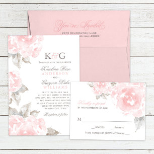 Convites Vintage Pink Watercolor Rosa Monograma de Casament