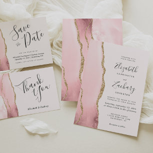 Cartão RSVP Casamento Dourado de Agata Rosa-Blush Moderno