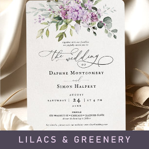 Lilacs Greenery Script Casamento Convite Roxo