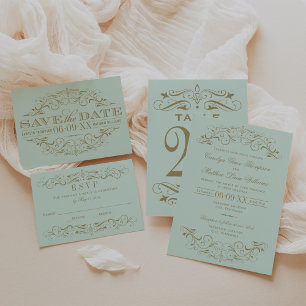 Cartão RSVP Vintage Mint e Antiquado Casamento Flourish Dourad