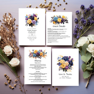 Convites Casamento Floral Azul, Roxo, Dourado e Preto