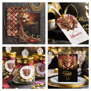 Convites Doce 16 Mascarada Vermelho Dourado ID1032
