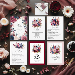 Convites Casamento de Borgonha, Marinho e Vinho Floral Blus