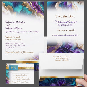 Convites Casamento Elegante Dourado Roxo e Aqua