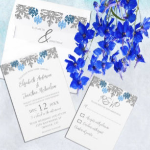 Convites Casamento no inverno Silver Blue Snowflakes