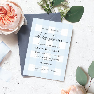 Chá de fraldas De Gingham Azul Por Convite Por Cor