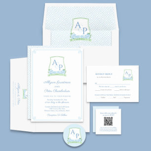 Convites Casamento de eterno Azul Verde Crest Botânico