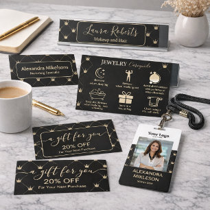 Cartão De Visita Luxo Moderno Padrão Coroa Preto Dourado