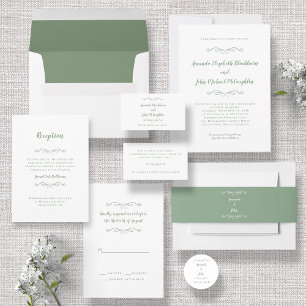 Convites Elegante Script Classic Wedding Sage Green White I