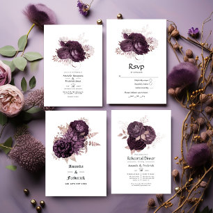 Convites Código QR de Casamento Floral Dourado e Roxo Escur
