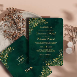 Convites Casamento Floral Islâmico Dourado Real Emerald Gre