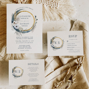 Cartão RSVP Boho Blue Floral Moon Monograma Wreath Casamento