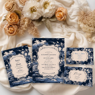 Cartão RSVP Casamento Elegante Blue Toile De Jouy