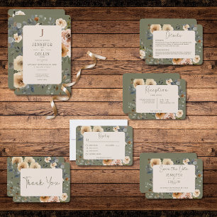 Cartão De Informações Vanilla White Boho Rosas Sage Recepção Verde