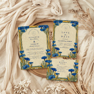 Convites Art Nouveau Blue Cornflower Wedding
