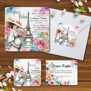 Adesivo Quadrado Chá de fraldas de Bonjour Bebe Floral Eiffel Tower