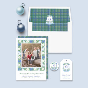 Cartão De Festividades Foto Do Monograma De Natal Branco E Azul Elegante