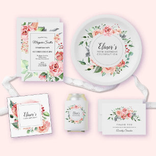 Convites Festa de aniversário Floral de 70 Rosa Elegante