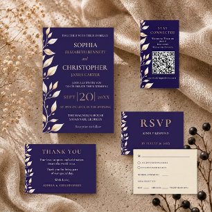 Convites Casamento com Borda Botânica Azul Elegante