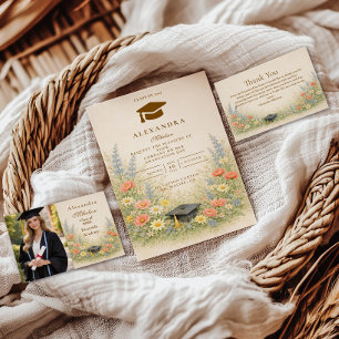 Cartão RSVP Celebração Elegante de Festa de Formatura com Flor